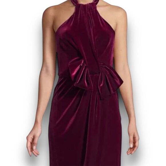 Black Halo, Estelle Smashing Berry High-Low Velvet Halter Bow Gown, Women’s 4 - Picture 3 of 15